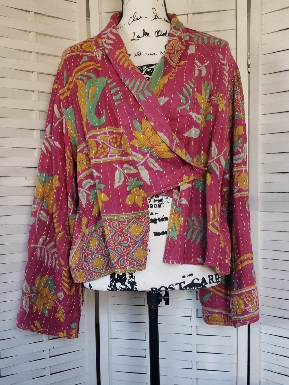 Kantha Floral Quilted Wrap Sweater Jacket - Pink/Yellow